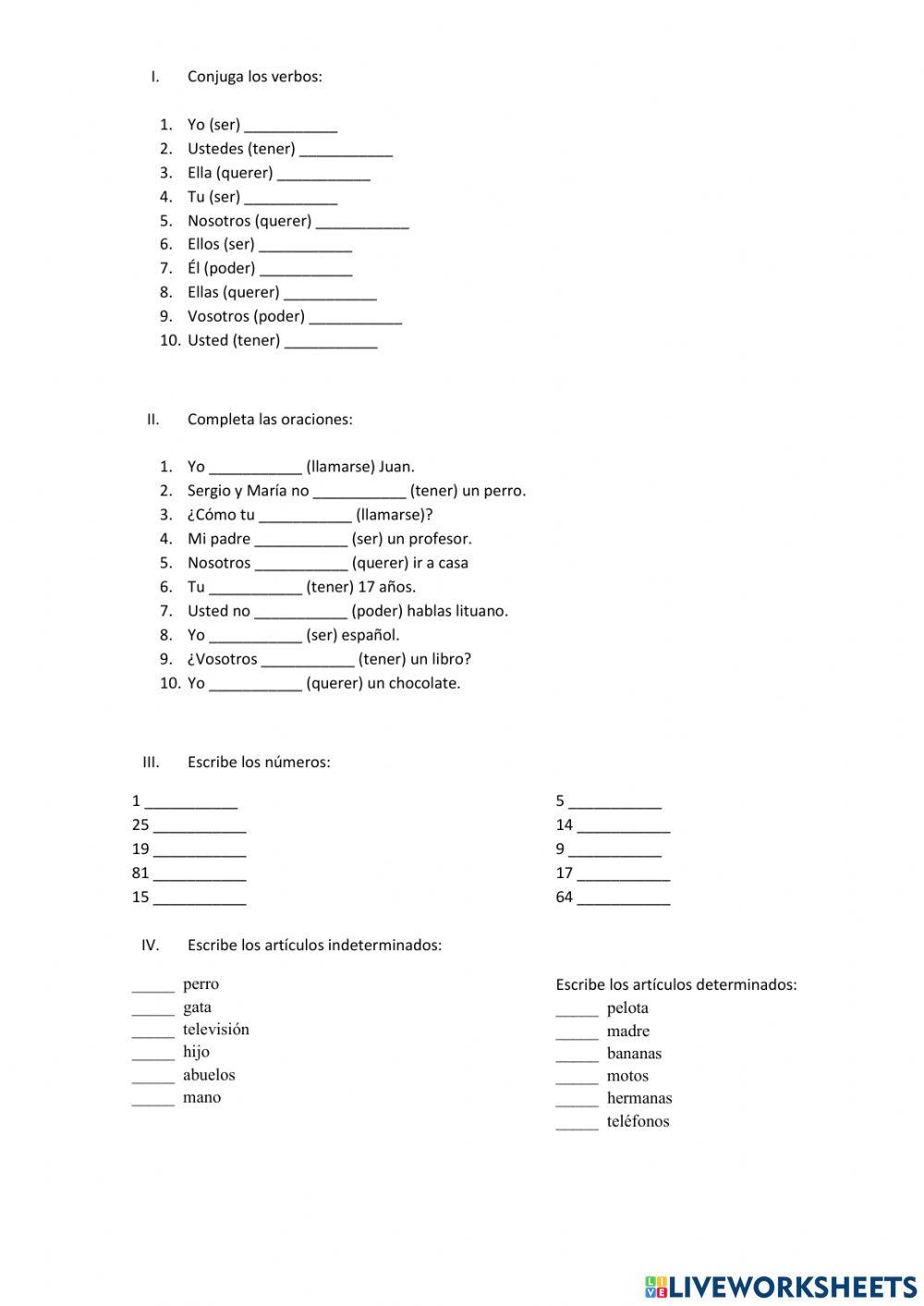 Números, Conjugación de verbos, Artículos