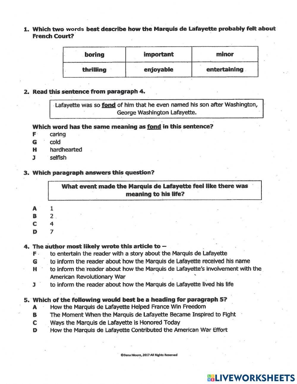 Life of the Marquis de Lafayette Article and Questions