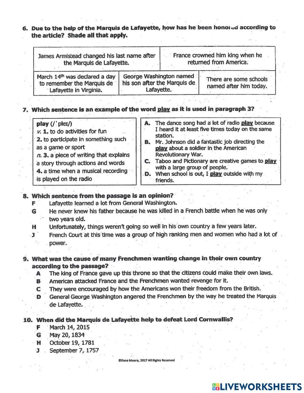 Life of the Marquis de Lafayette Article and Questions