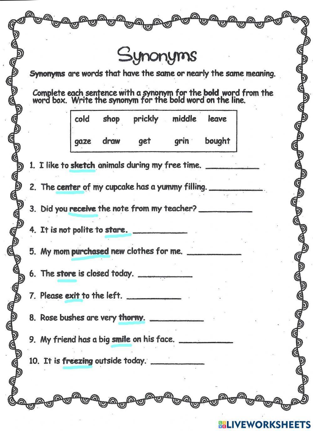 Synonyms worksheets