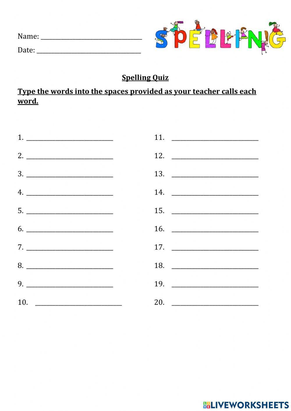 Spelling Quiz Blank
