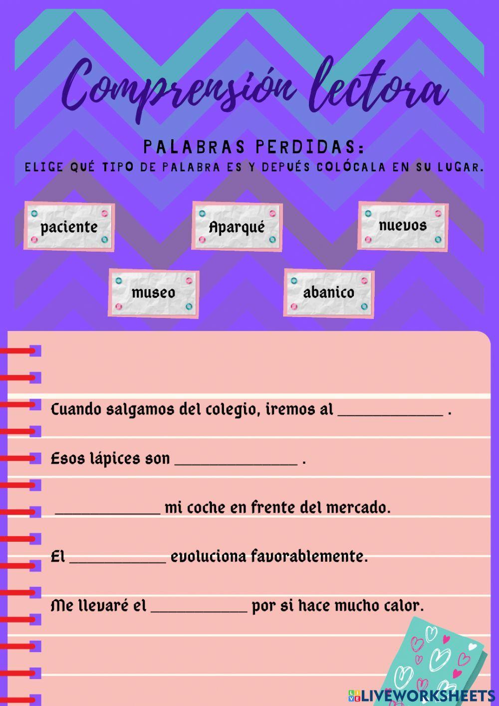 Comprensión lectora de palabras perdidas.
