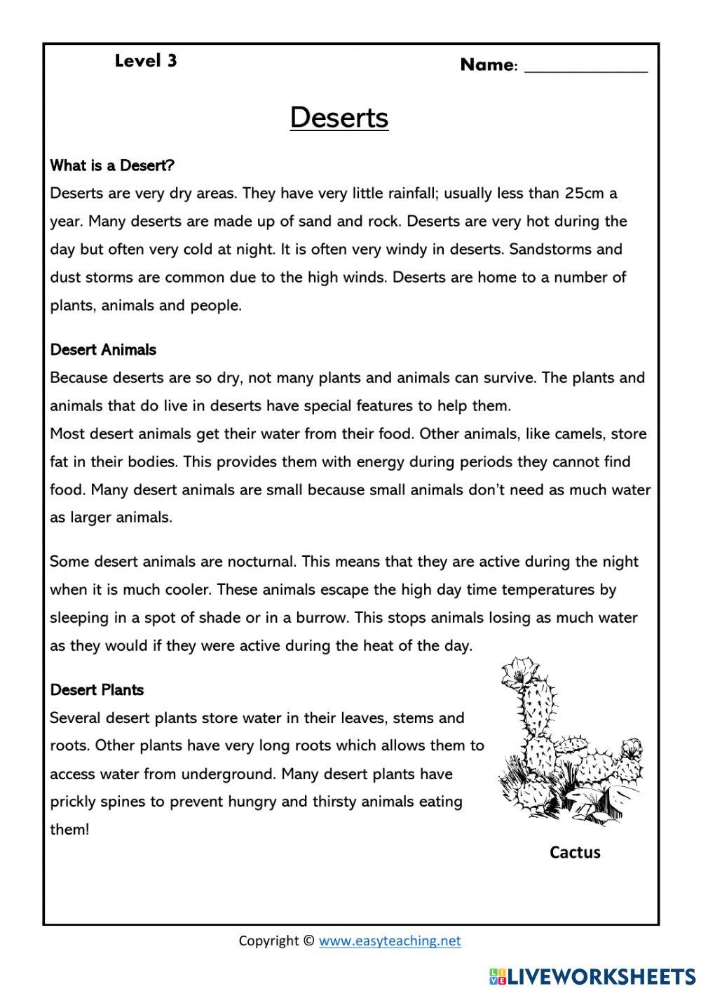 Deserts Reading Comprehension Grade 3 4707760