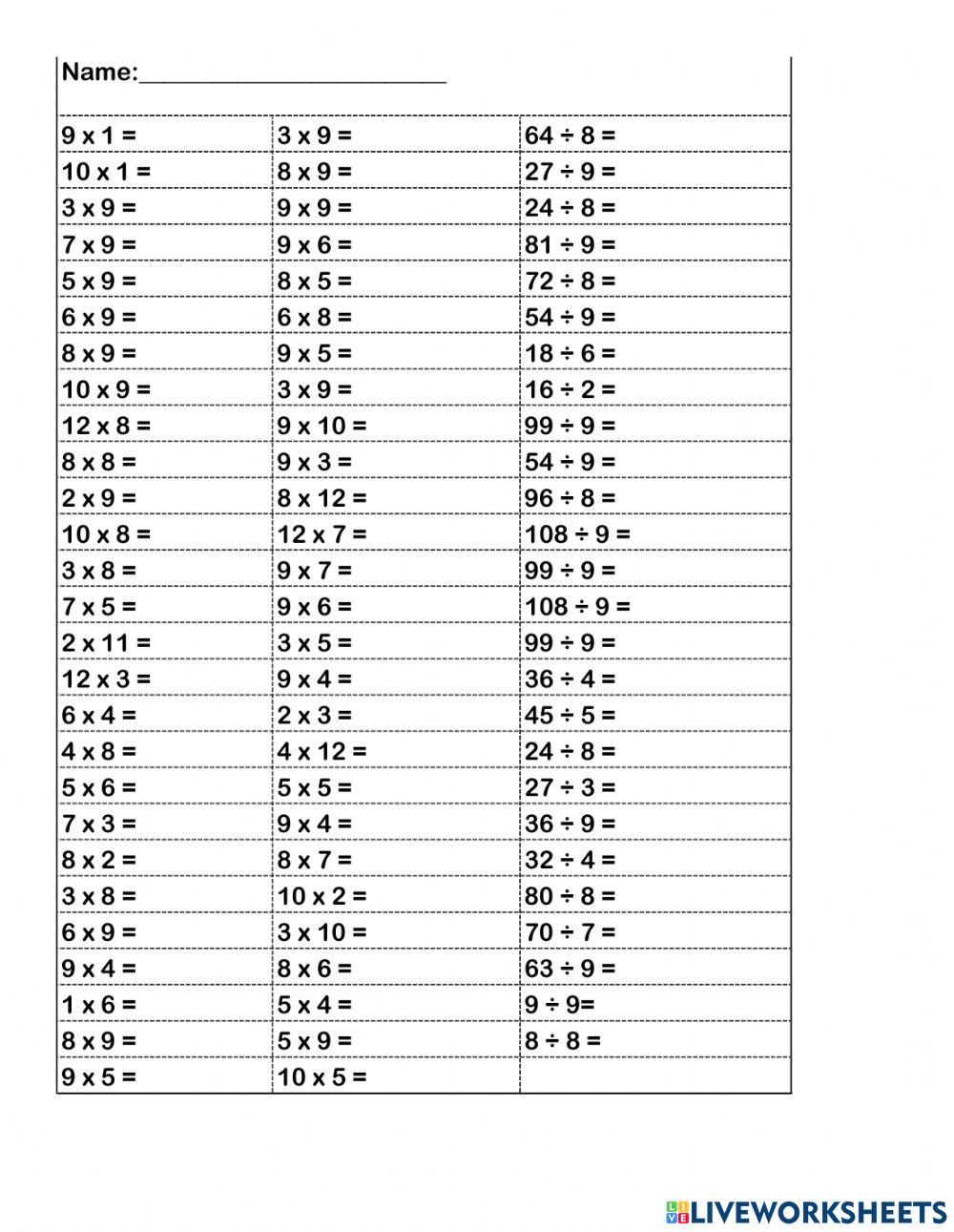 8 and 9 times t Free Interactive Worksheets 4707938
