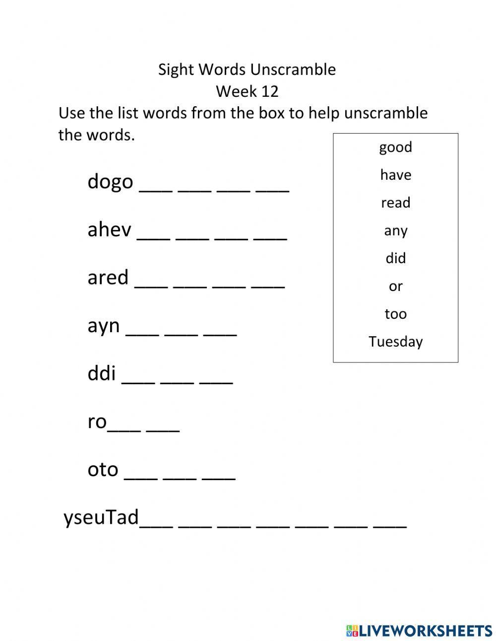 Sight Words Week 12 Unscramble
