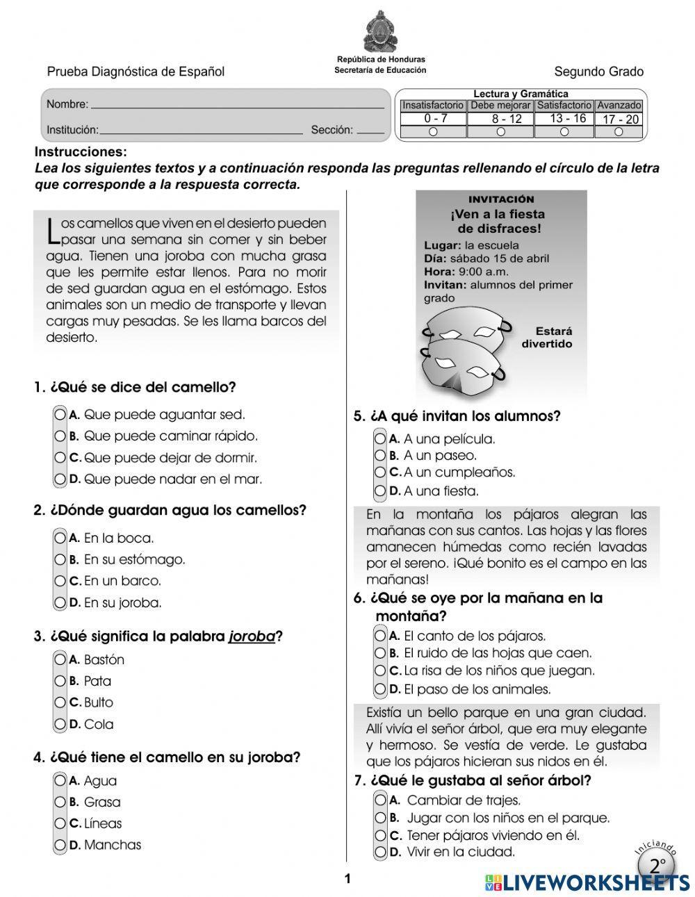 Prueba Diagnostica Español 2do grado