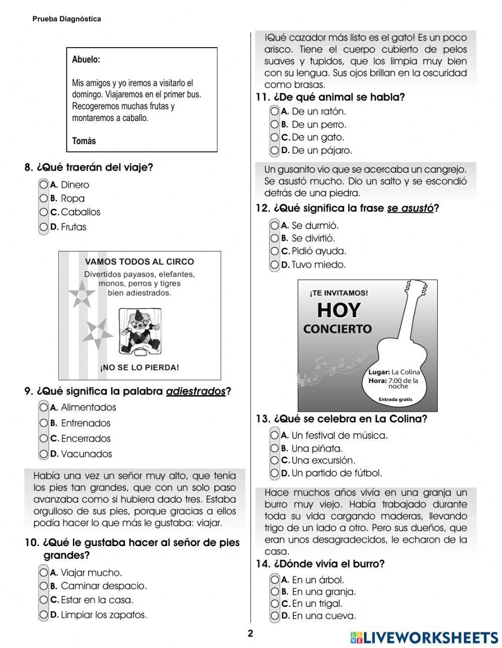 Prueba Diagnostica Español 2do grado