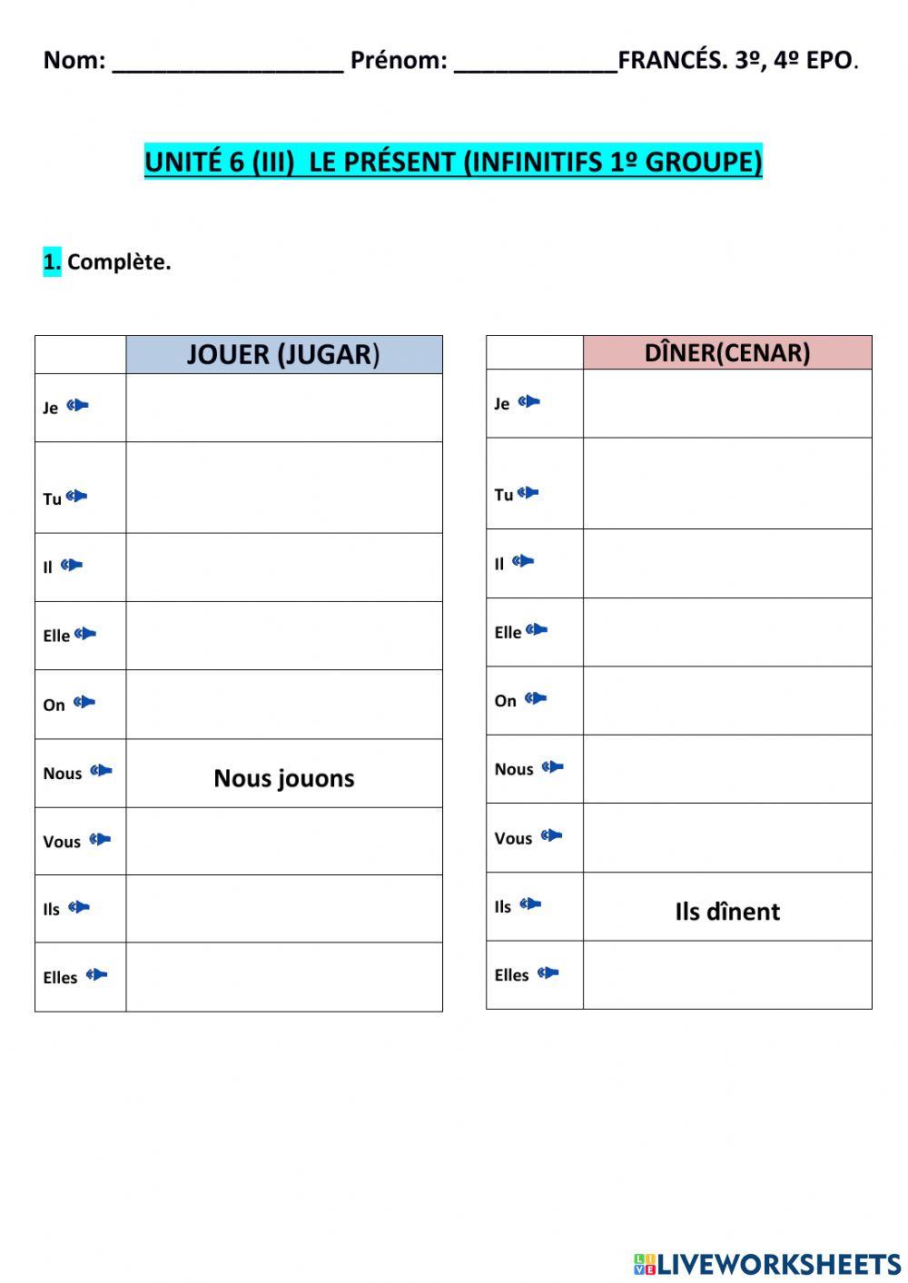 UNITÉ 6 (III)  LE PRÉSENT INFINITIFS 1ºgroupe