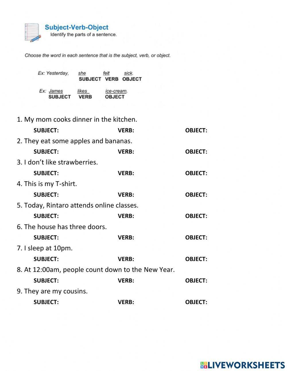 Subject Object Verb Worksheet