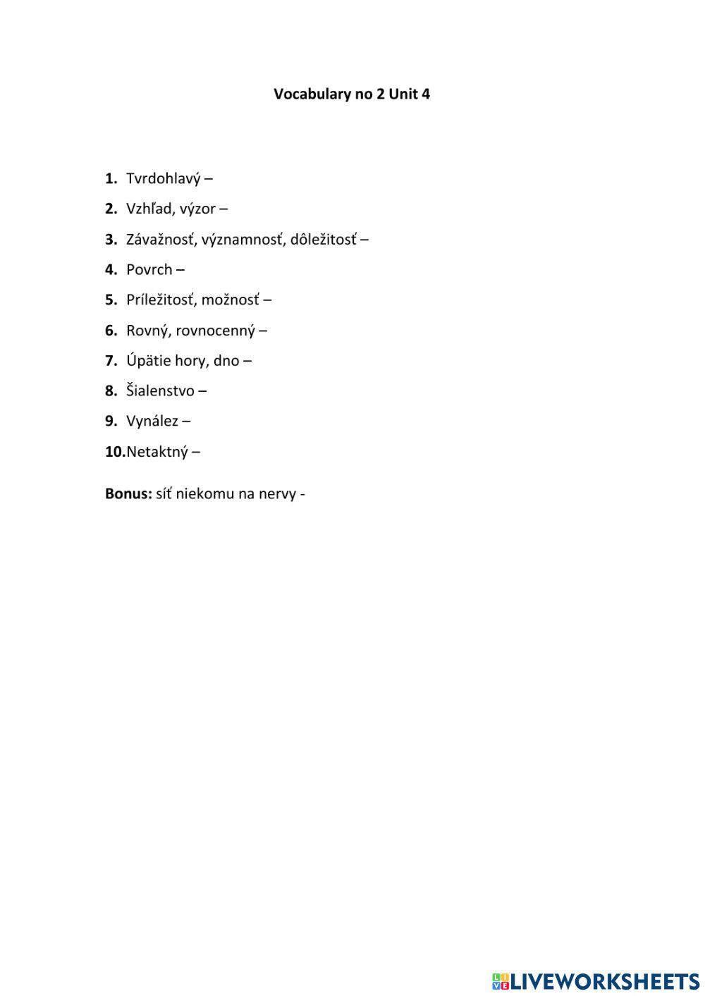 Kvarta Vocabulary no 2 Unit 4