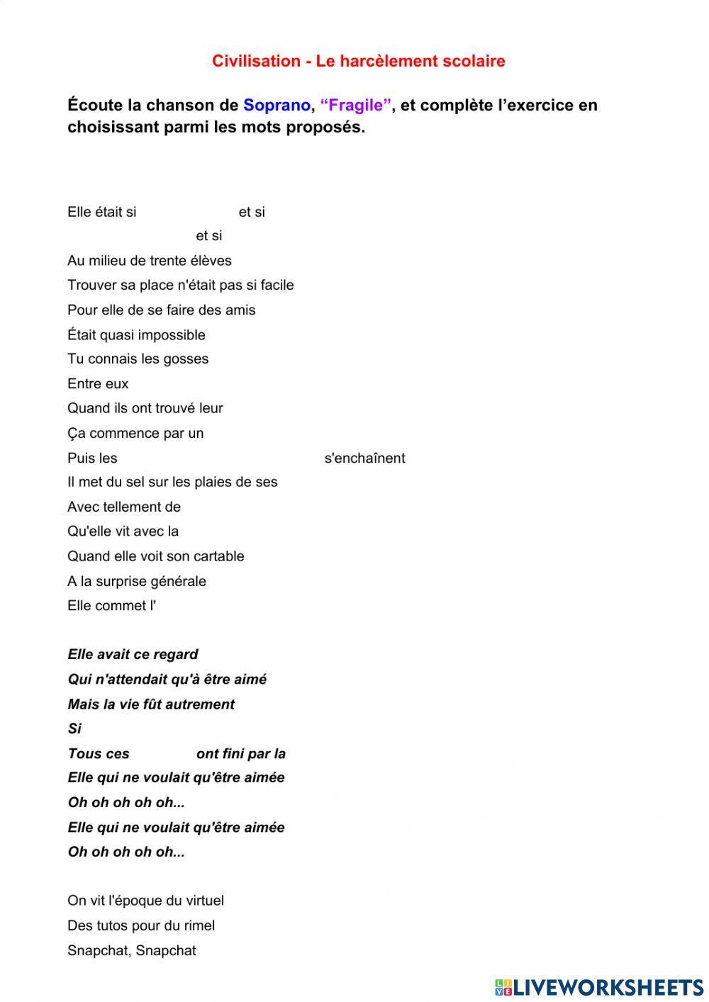 Soprano - Fragile : Le harcèlement scolaire