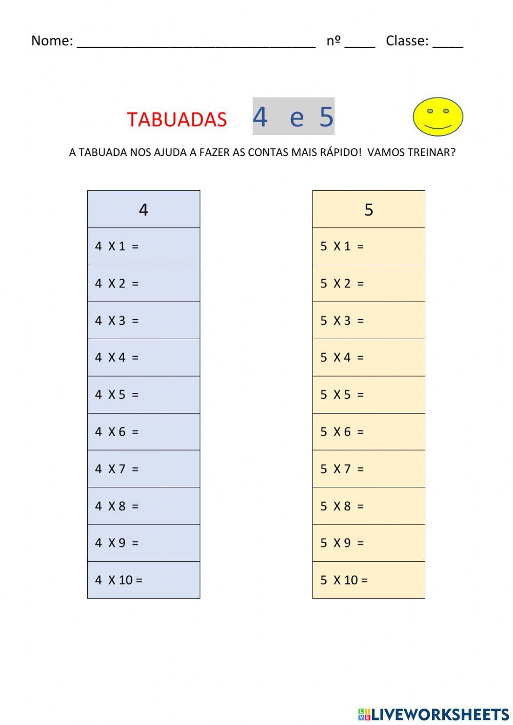 Tabuada do 4 e 5 interactive worksheet