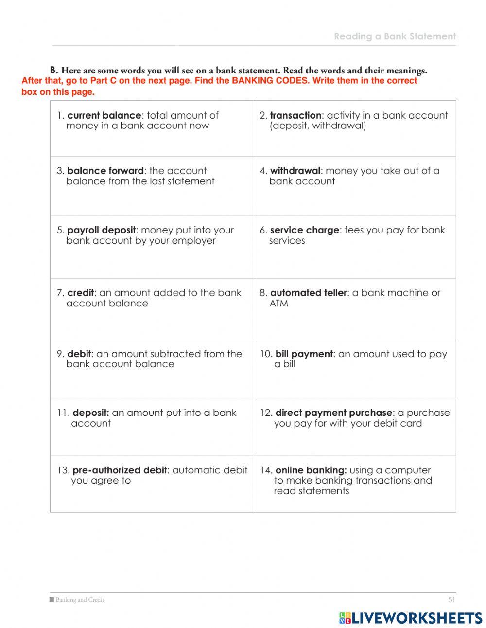 Bank statement vocabulary and reading - English for Financial Literacy 1