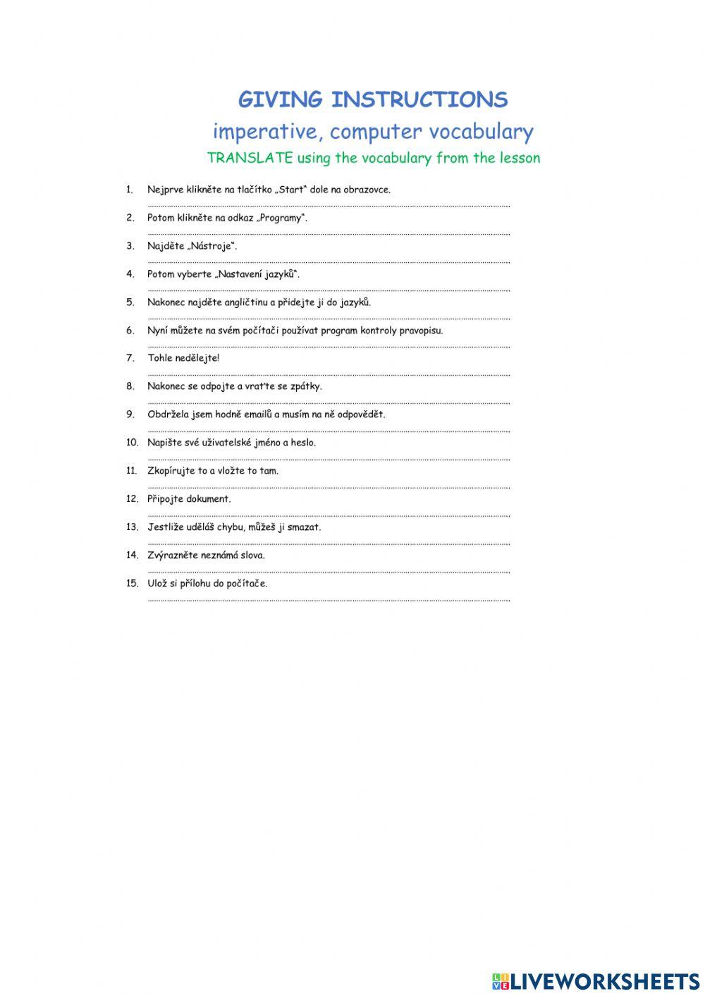 Computer vocabulary, give instructions worksheet | Live Worksheets