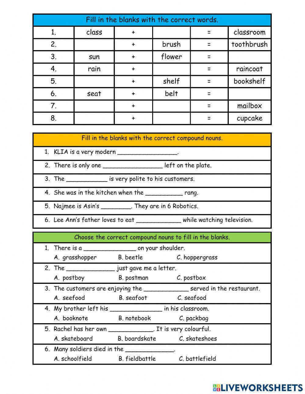 Compound nouns free worksheet Live Worksheets