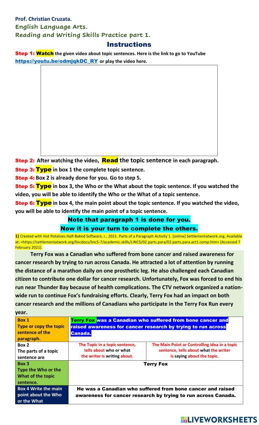 The parts of a Topic Sentence.