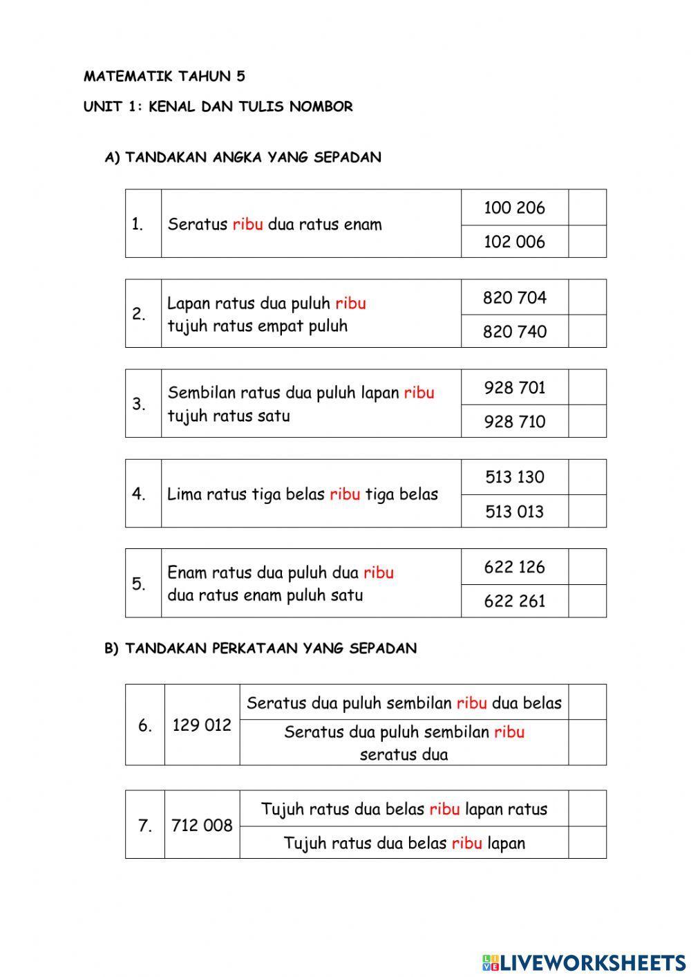 Matematik Tahun 5 (Kenal dan Tulis Nombor)