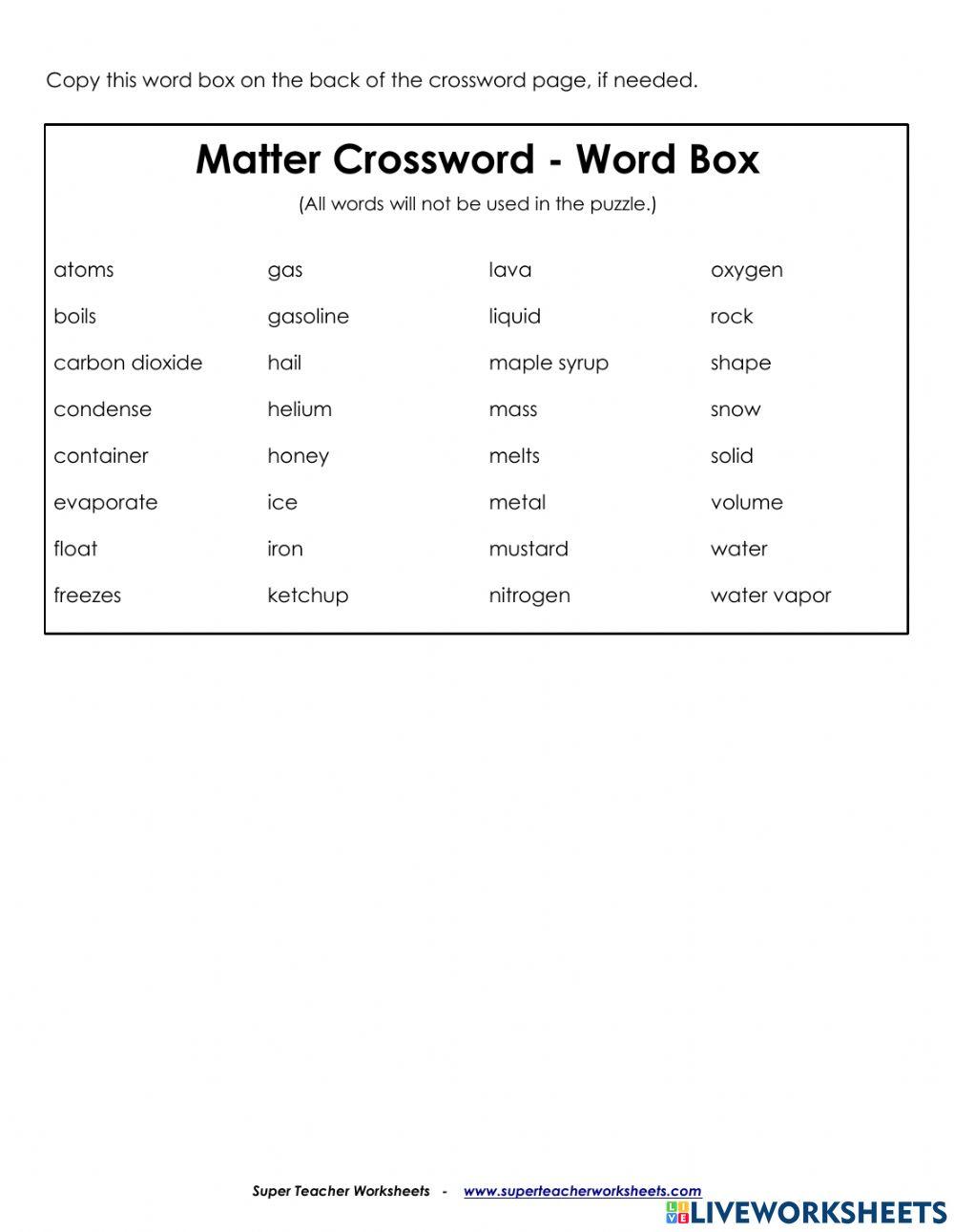 Matter Crossword 6411017 rayandpam Live Worksheets