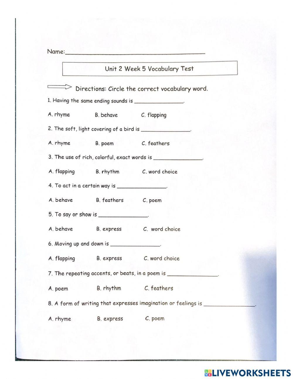 Reading wonders Unit 2 week 5 Vocabulary test