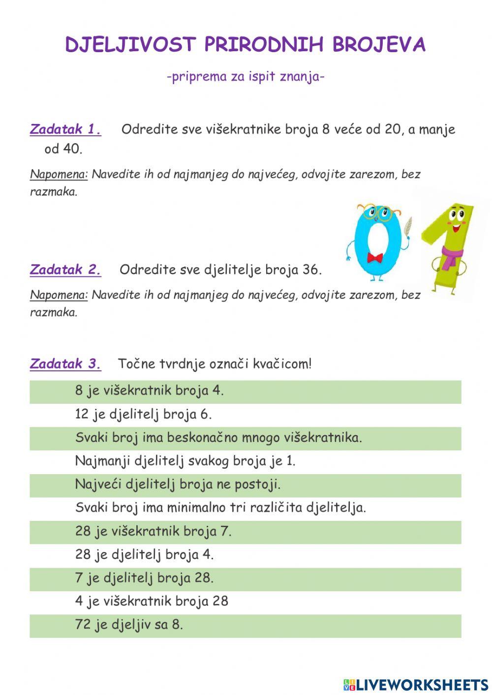 Djeljivost prirodnih brojeva - ponavljanje