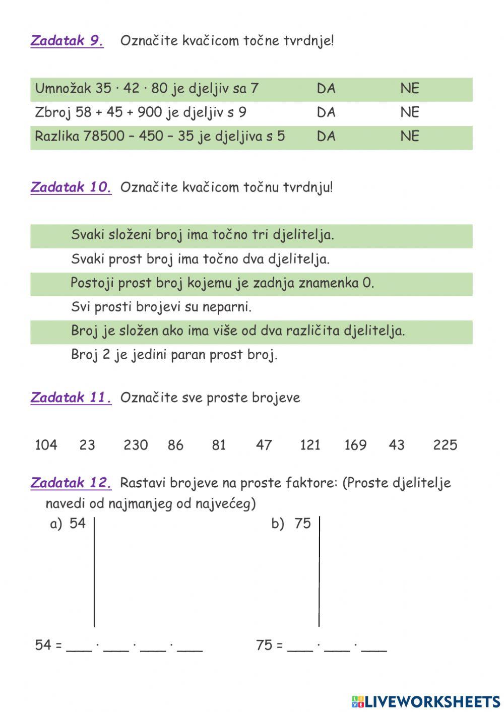Djeljivost prirodnih brojeva - ponavljanje
