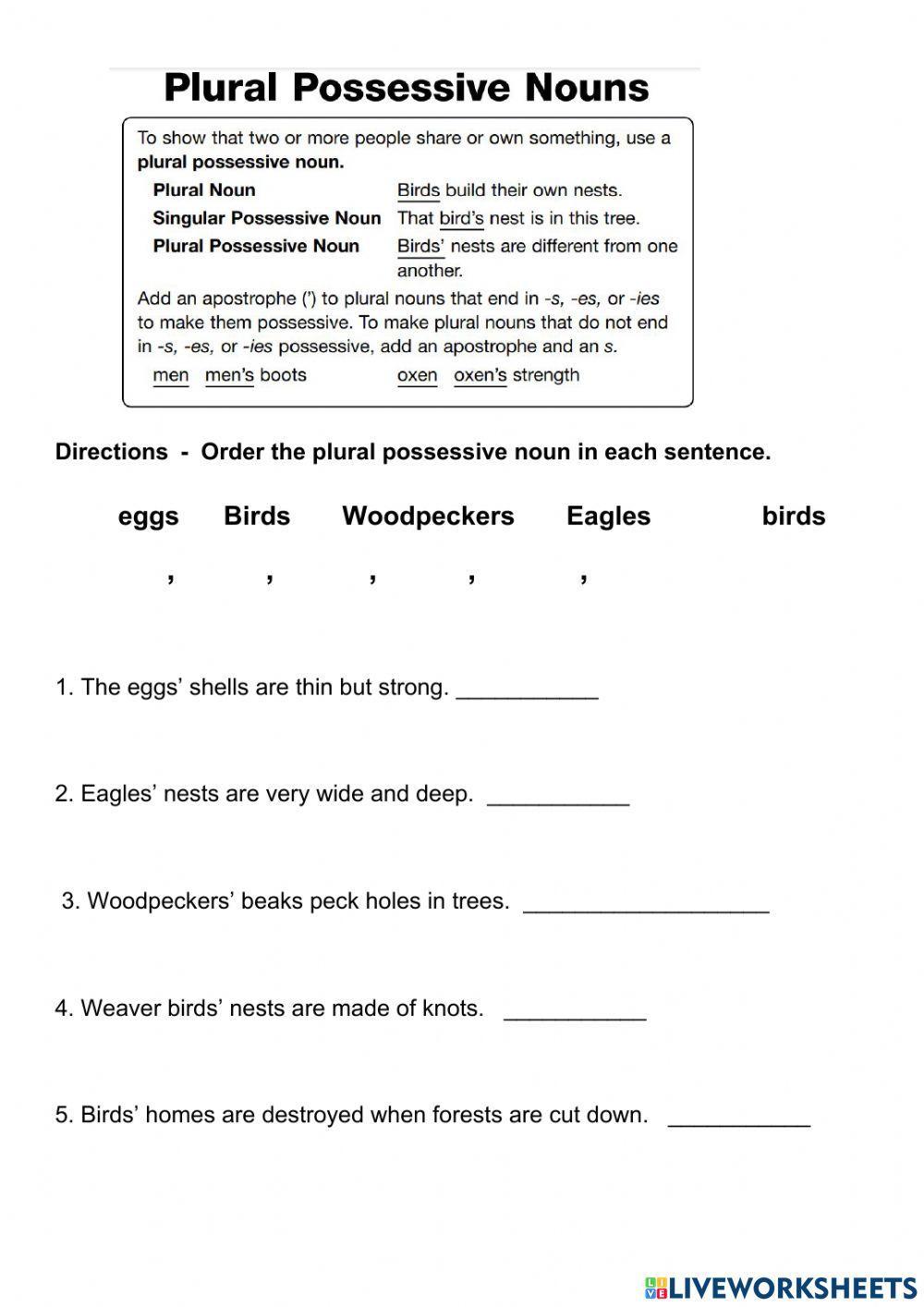Plural possessive noun worksheet | Live Worksheets