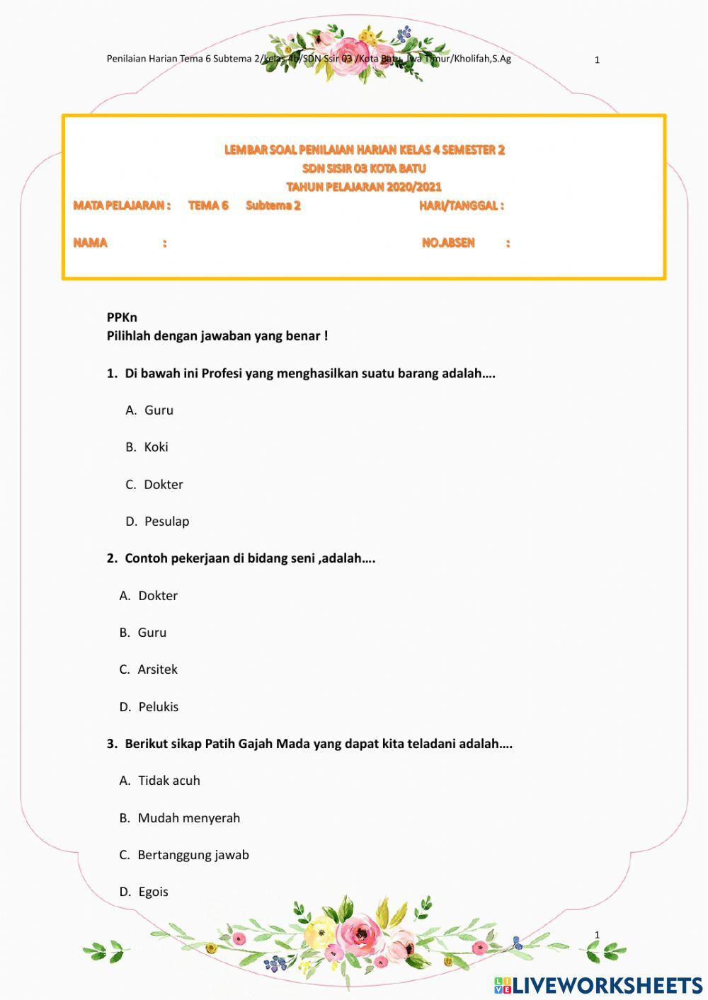 Penilaian Harian Tema 6 Subtema2