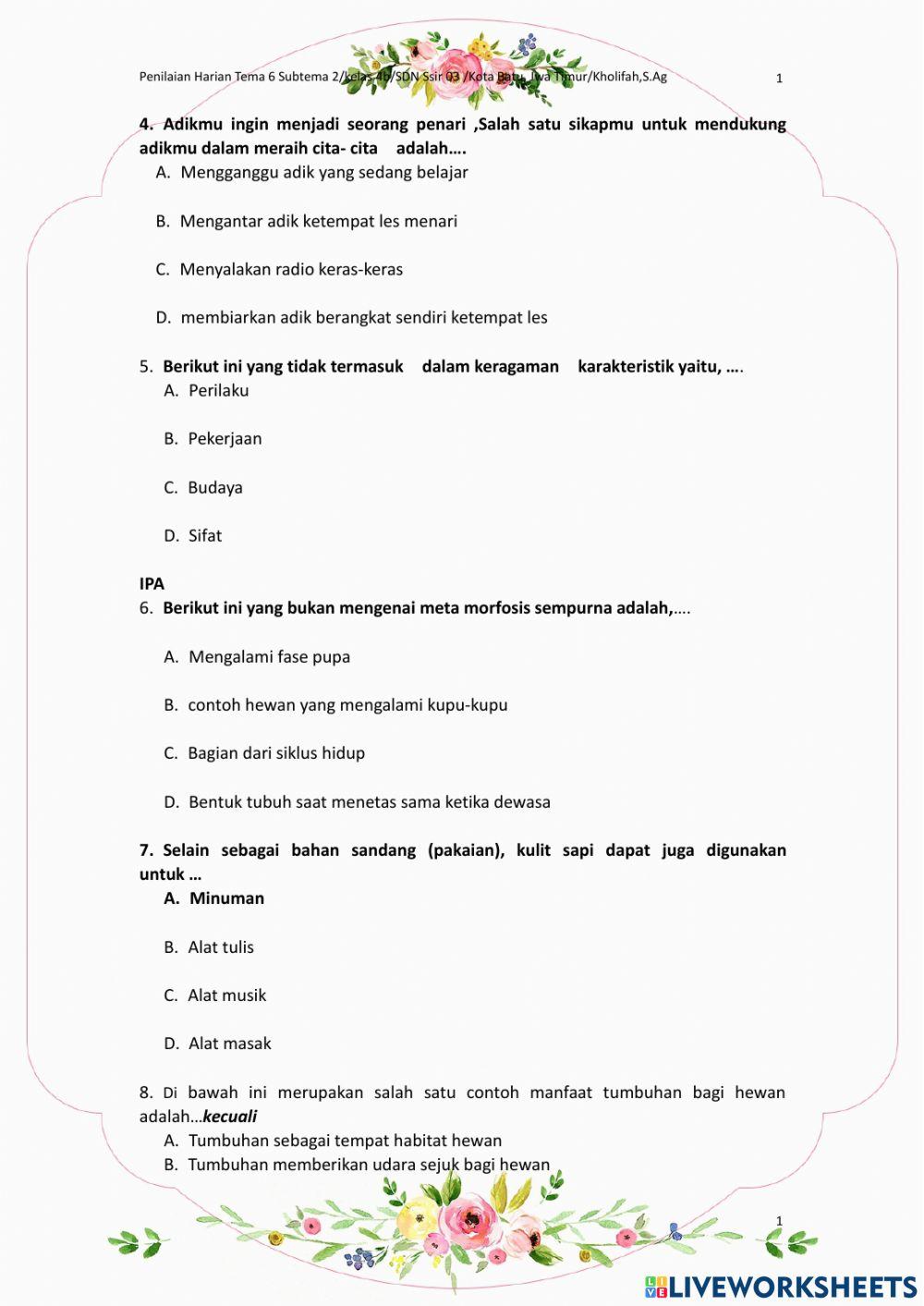 Penilaian Harian Tema 6 Subtema2