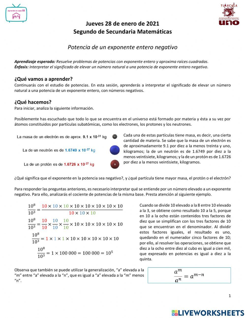 Potencia de un exponente entero negativo