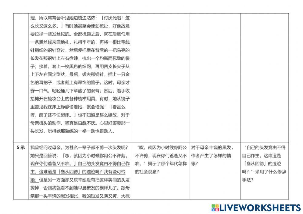 中五第一单元第二课 为母亲梳头发