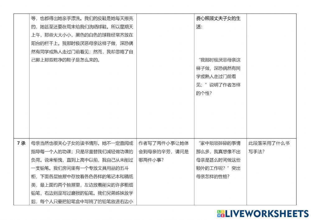 中五第一单元第二课 为母亲梳头发