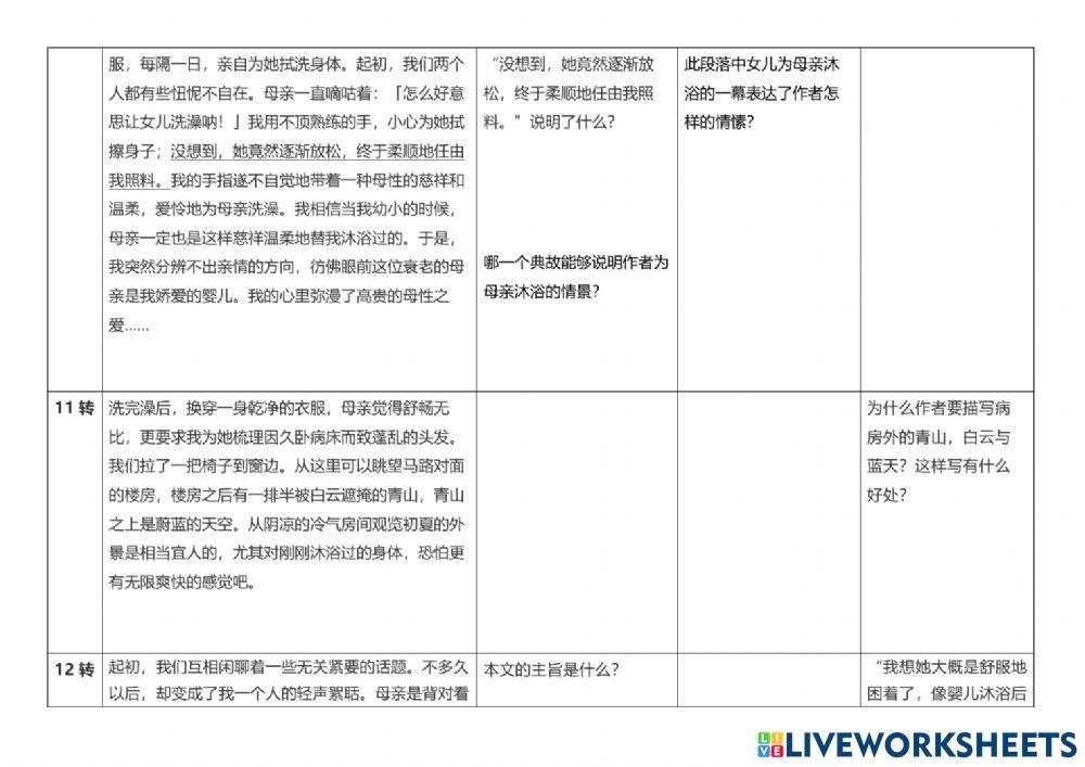 中五第一单元第二课 为母亲梳头发