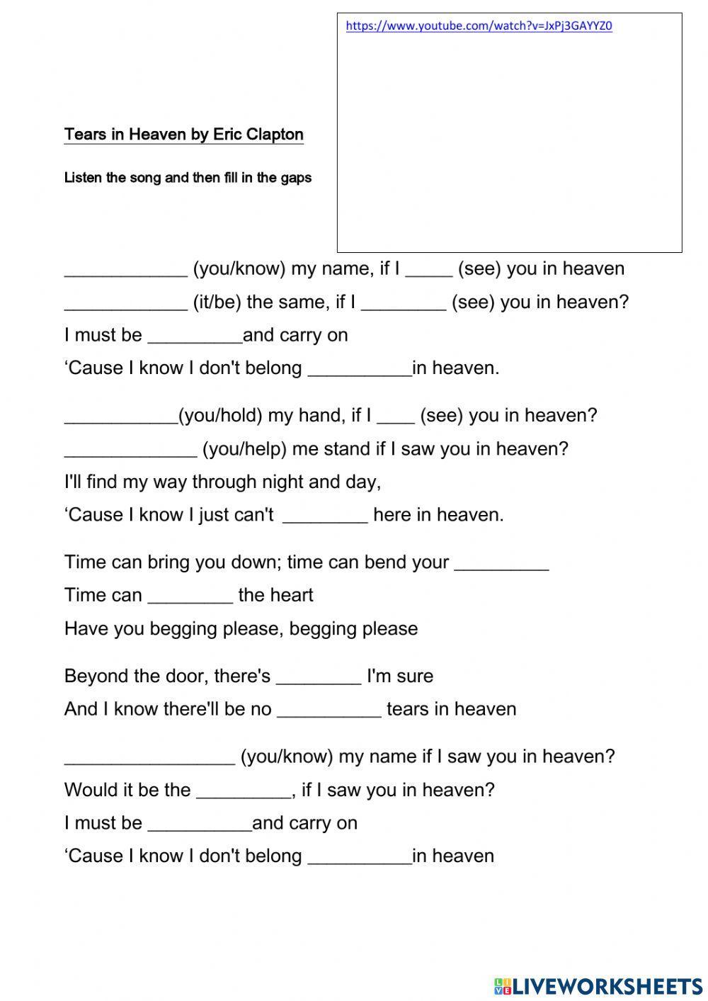 Songs: Tears in Heaven by Eric Clapt…: English ESL worksheets pdf & doc