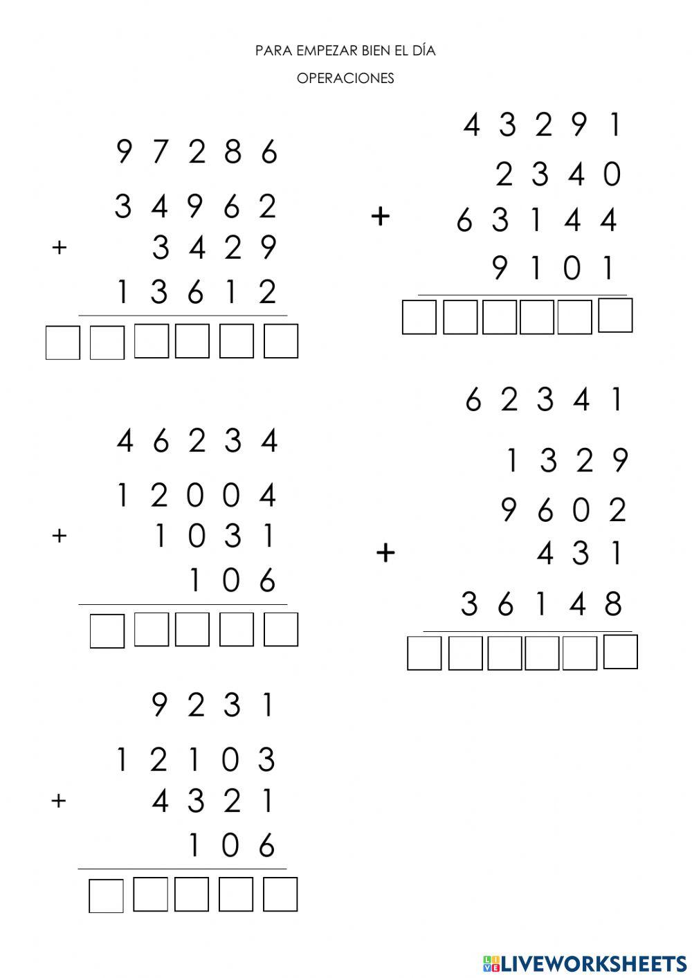 Operaciones Para empezar bien el día (sumas) worksheet Live Worksheets