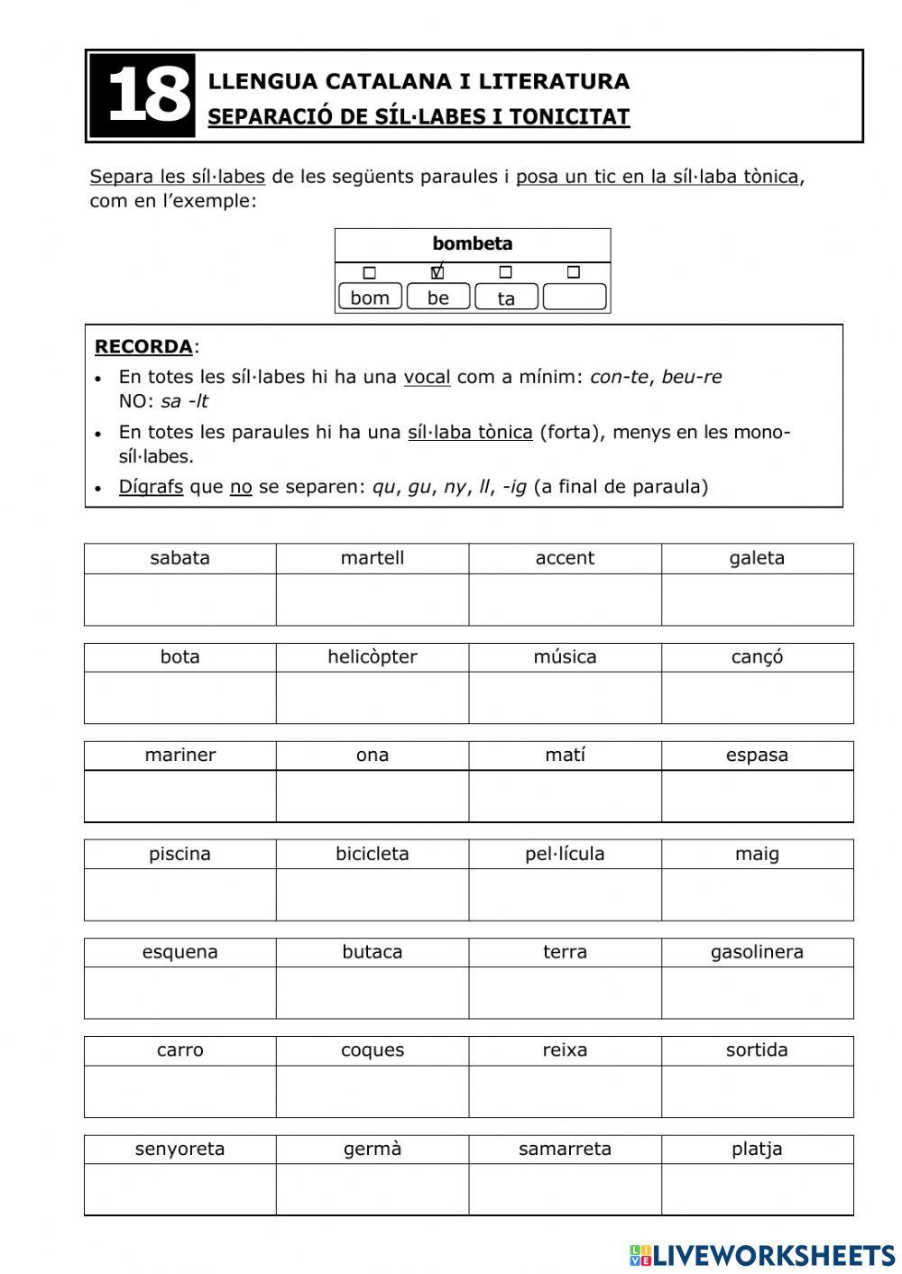Separació síl·labes i tonificació - Fitxa 18