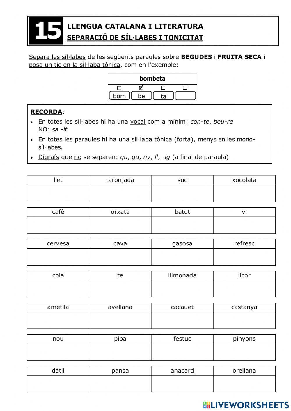 Separació síl·labes i tonificació - Fitxa 15