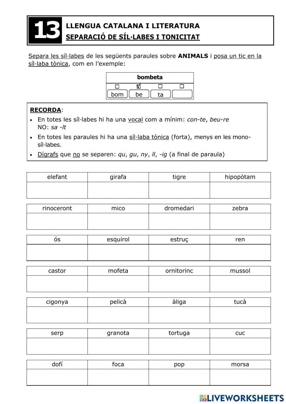 Separació síl·labes i tonificació - Fitxa 13