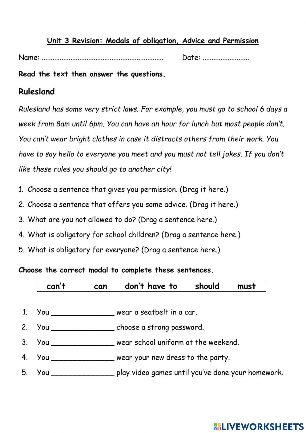 Modals: obligation, permission and advice