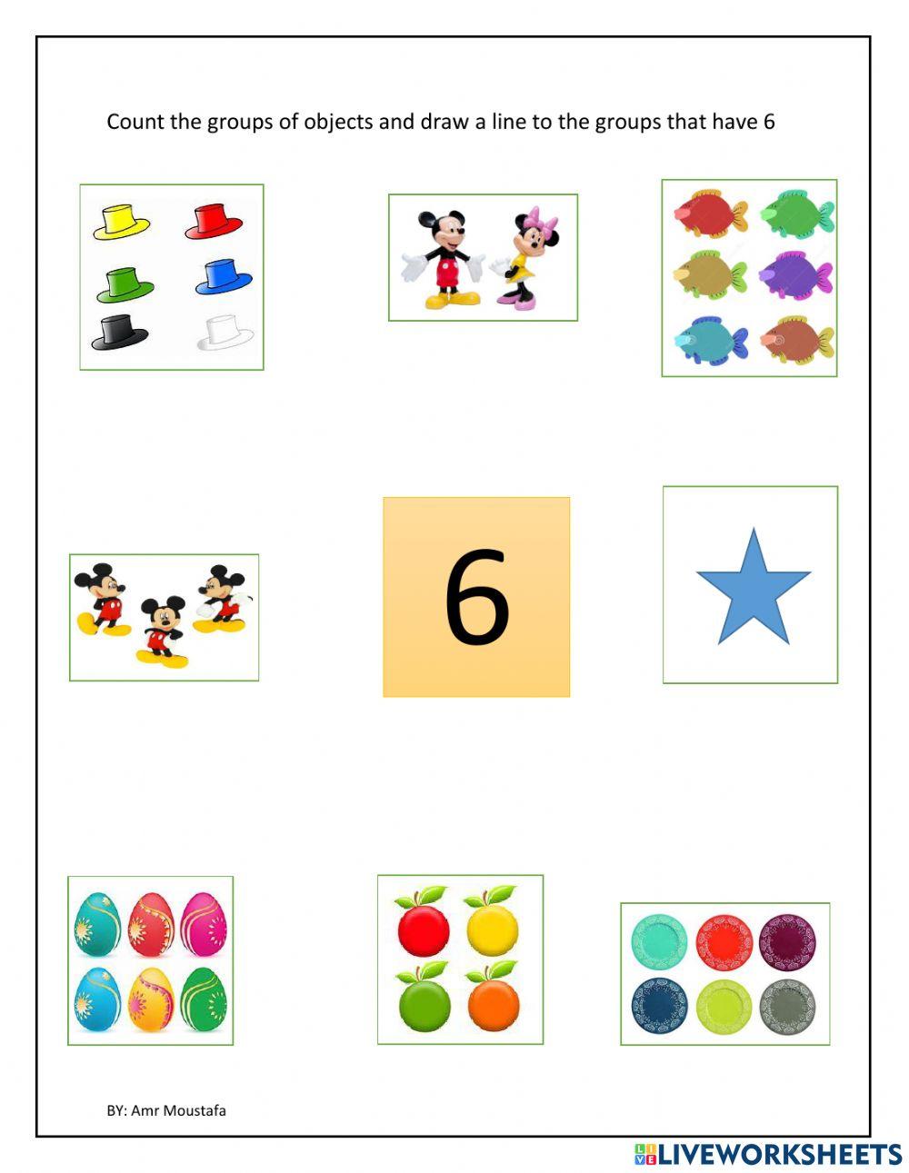 Match the number 6 with same number quantity