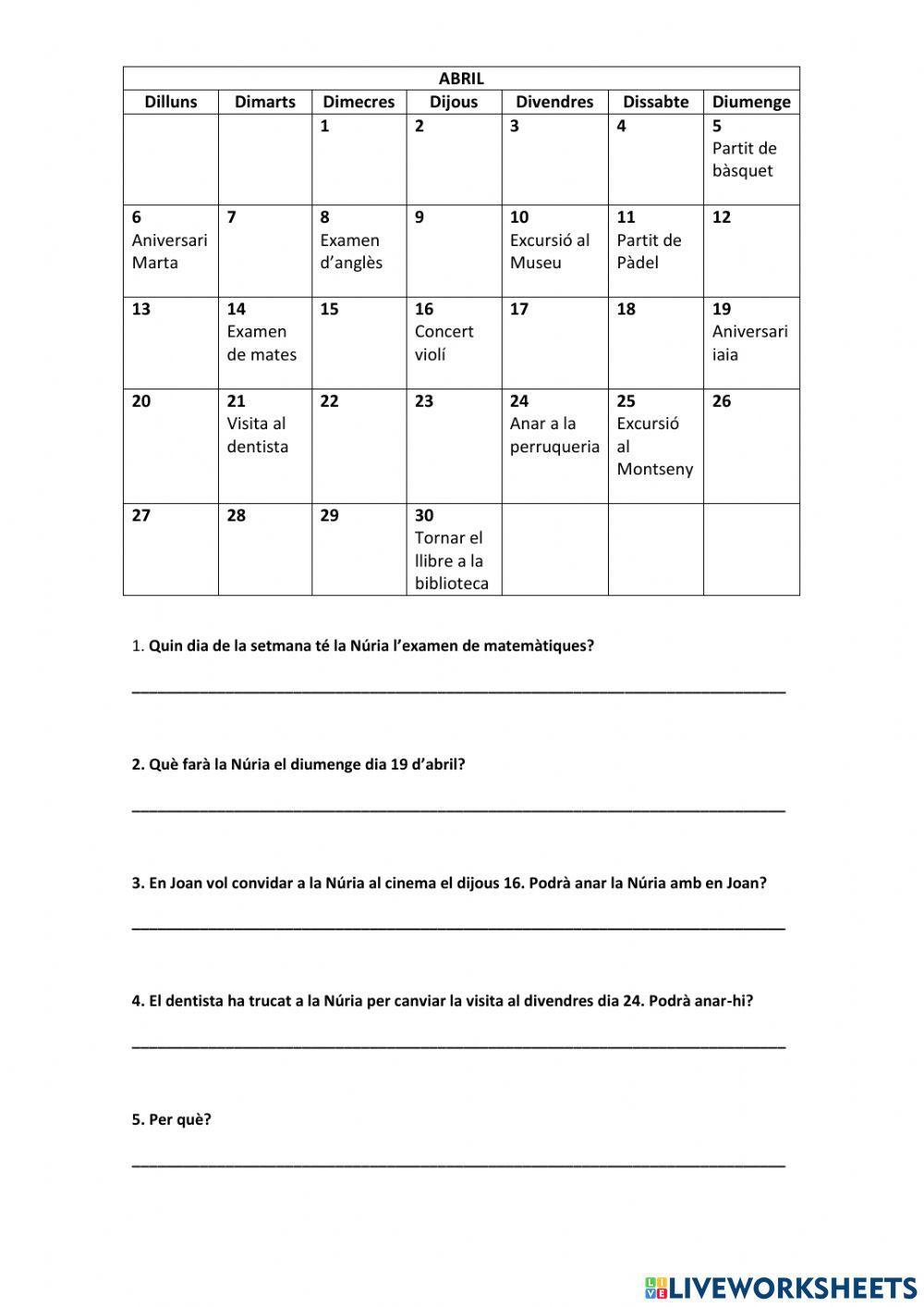 Comprensió lectora (Calendari)