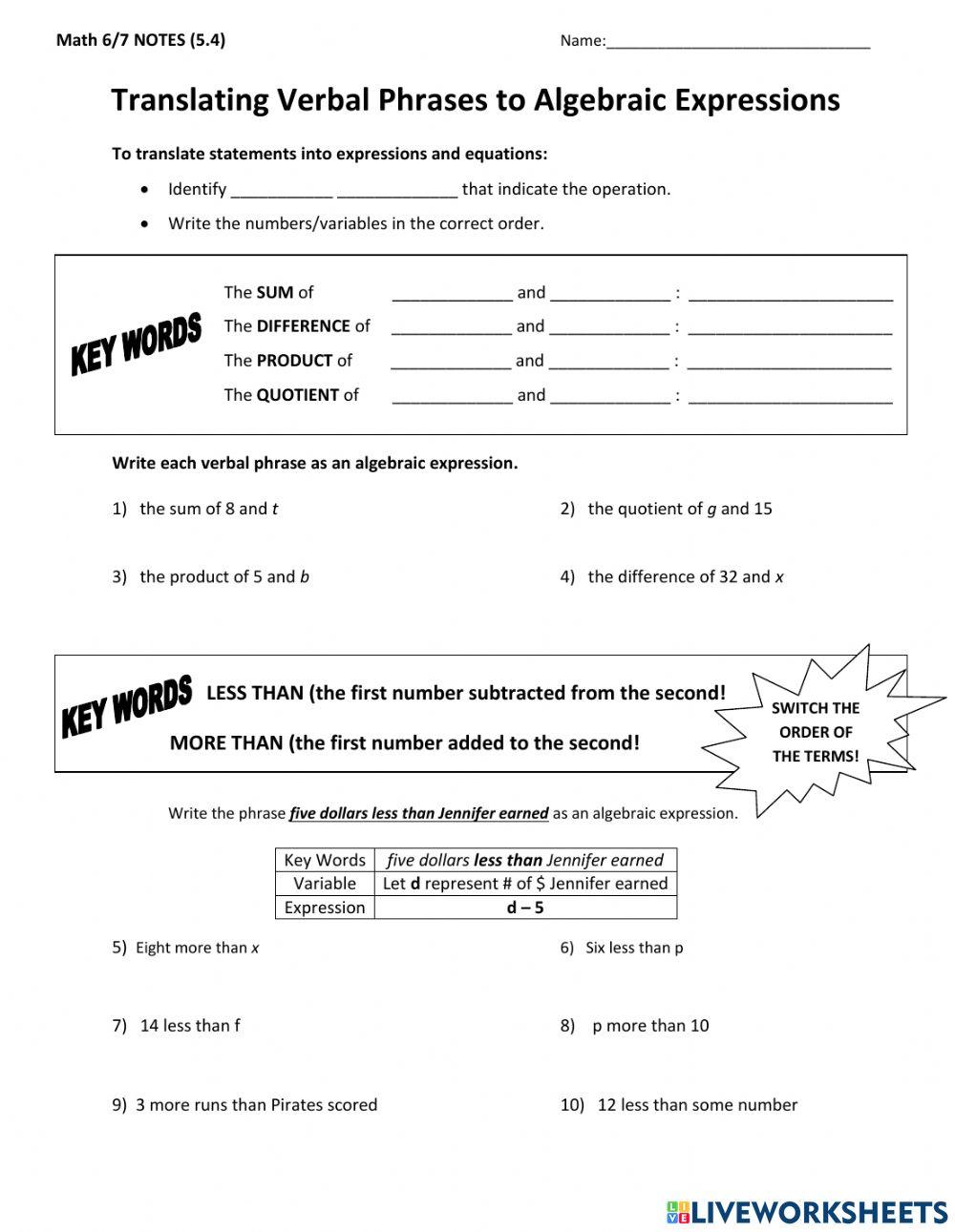 Translating Algebraic Expressions - Equations Translating Algebraic Expressions - Equations