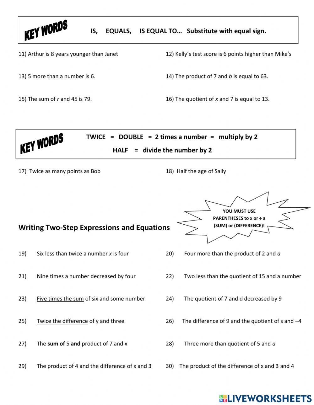 Translating Algebraic Expressions - Equations