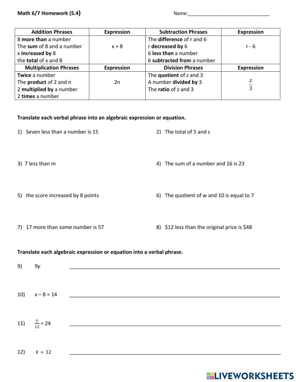 Translating Algebraic Expressions - Equations Translating Algebraic Expressions - Equations