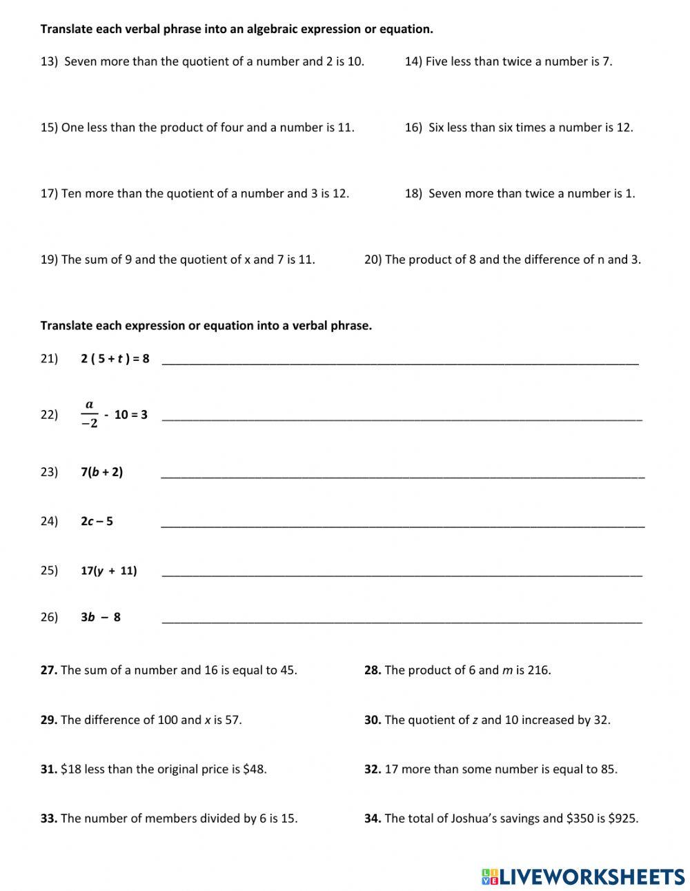 Translating Algebraic Expressions - Equations Translating Algebraic Expressions - Equations