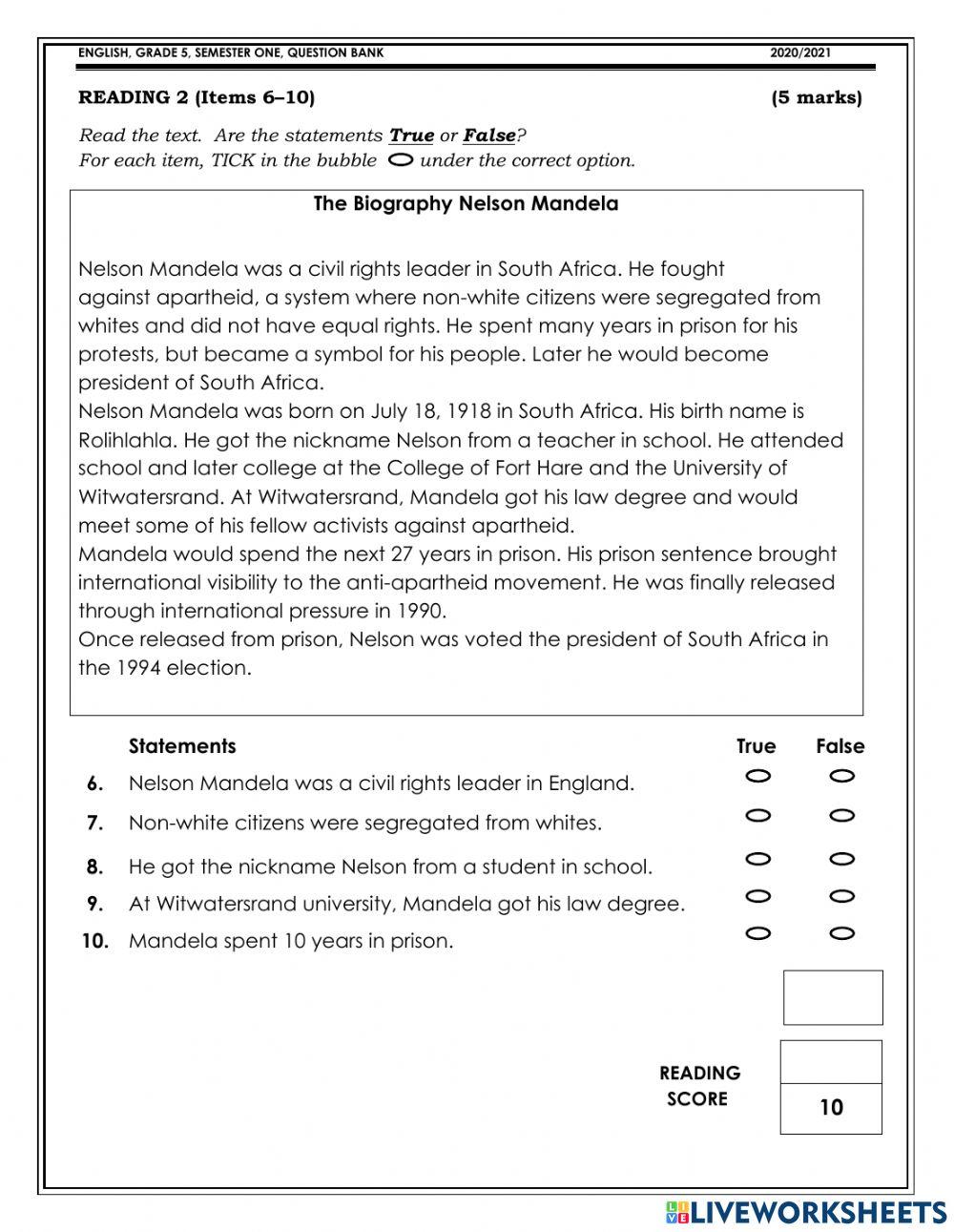 GRADE 5 ENGLISH MONTHLY TEST 3 READING PRACTICE