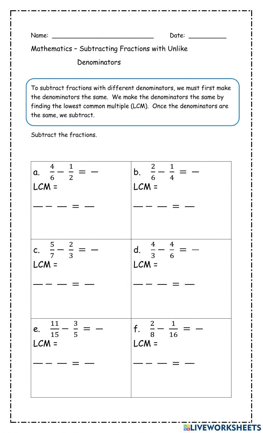 Subtracting Fractions with Unlike Denominators