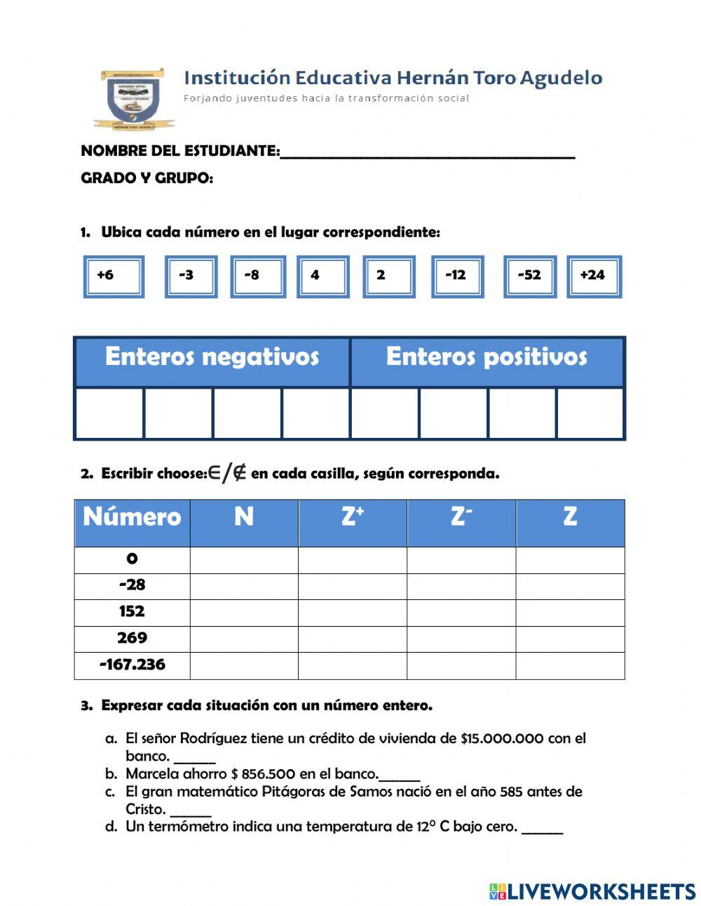 Los números enteros: Representación y relación de orden