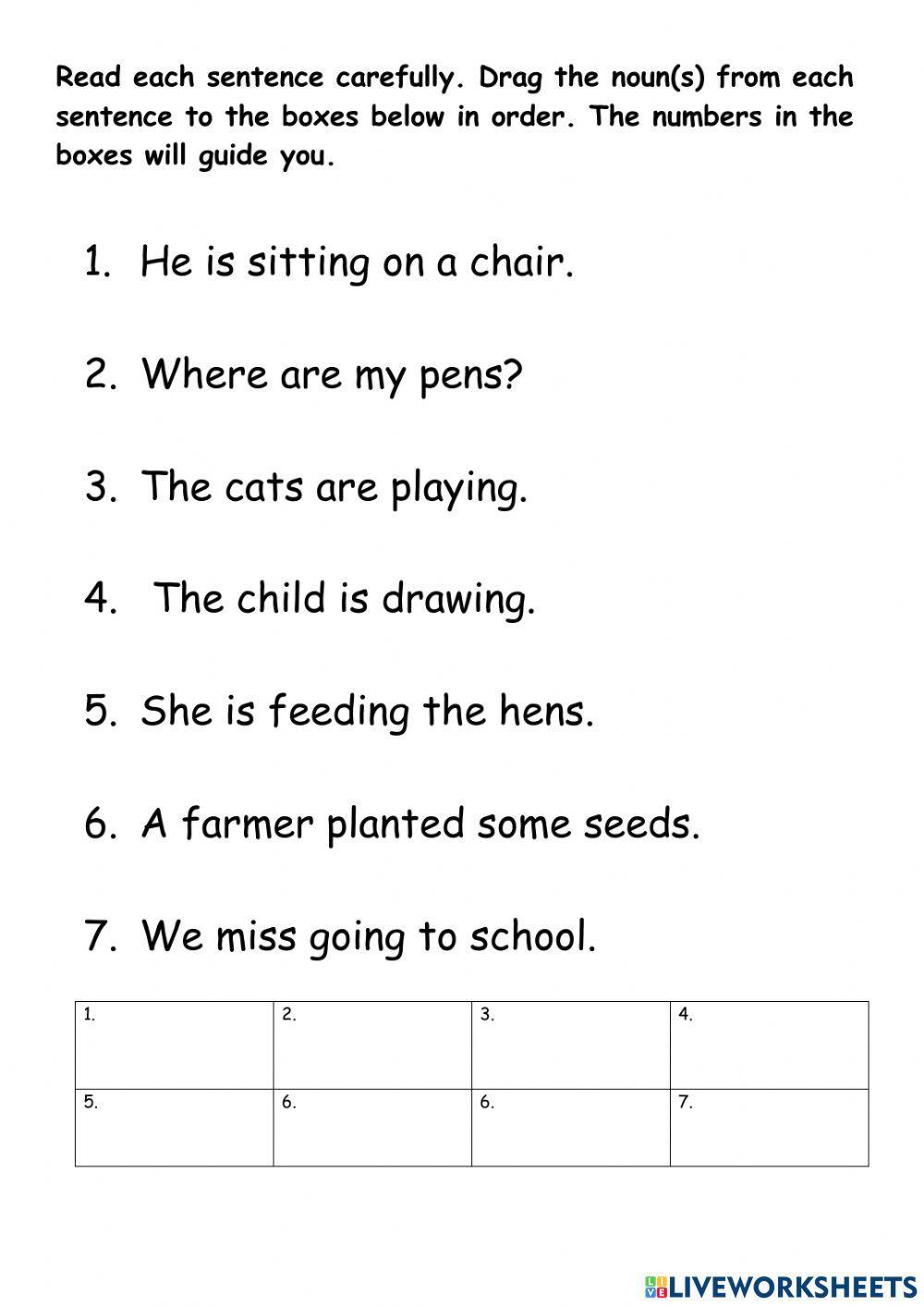 Identifying Nouns In Sentences Worksheet Live Worksheets