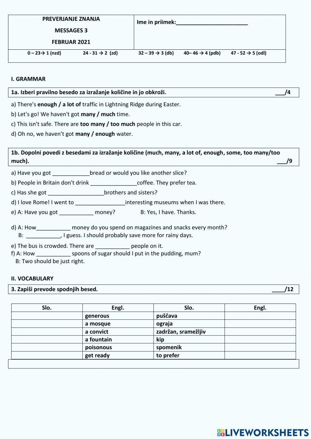 Preverjanje 8. razred Messages 3  - Unit 2