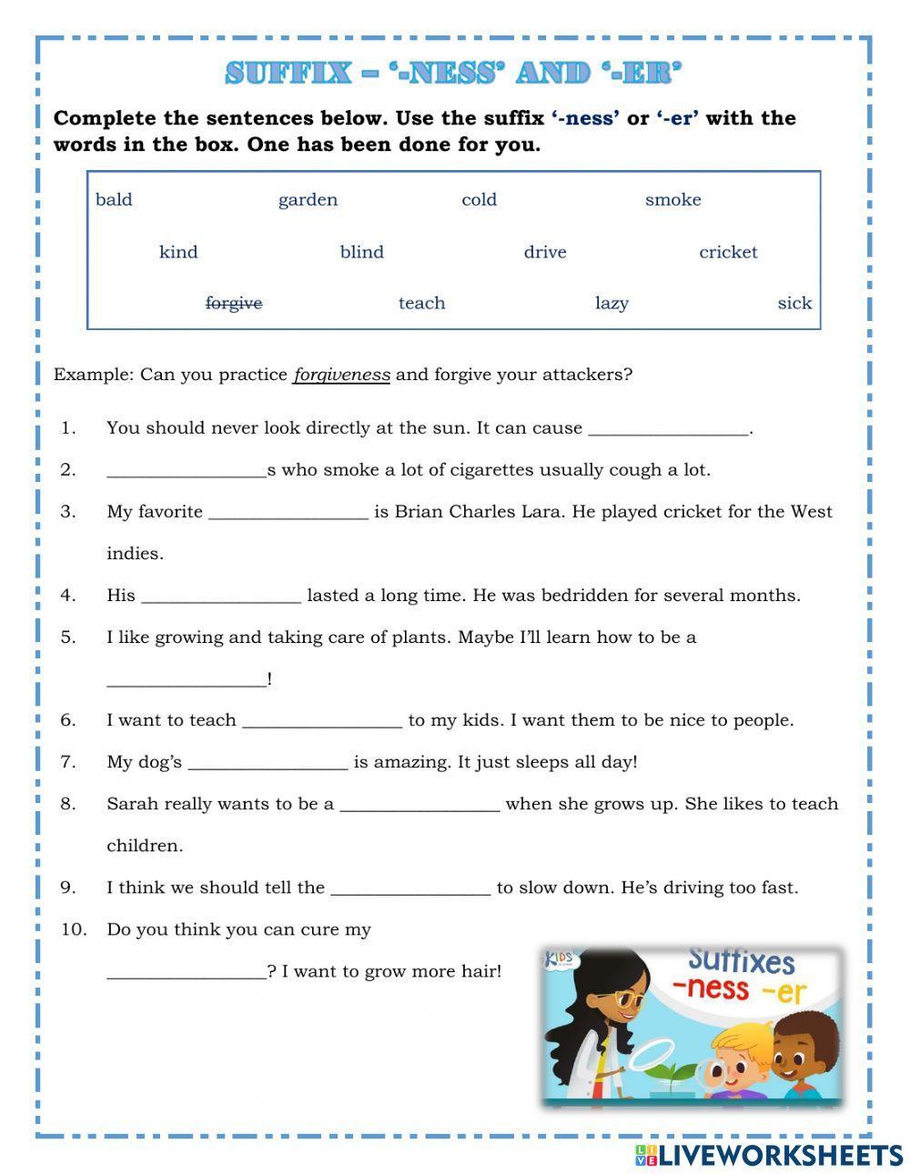 Suffix '-er' and '-ness' Worksheet